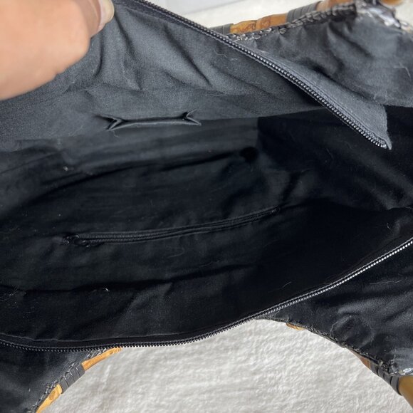 Black Woven Tote With Bamboo Handles & Colorful Embellishments - Picture 7 of 11